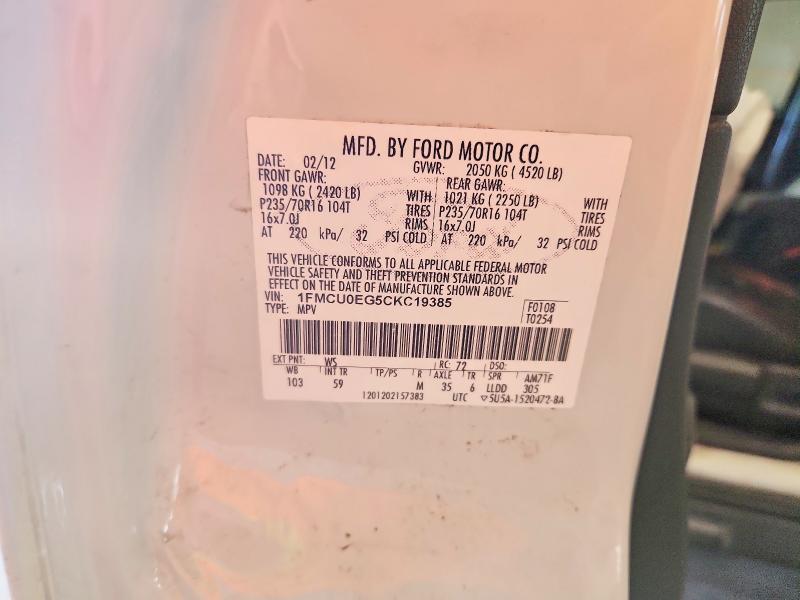 2012 Ford Escape მანქანა იყიდება აუქციონზე, vin: 1FMCU0EG5CKC19385, აუქციონის ნომერი: 49680126