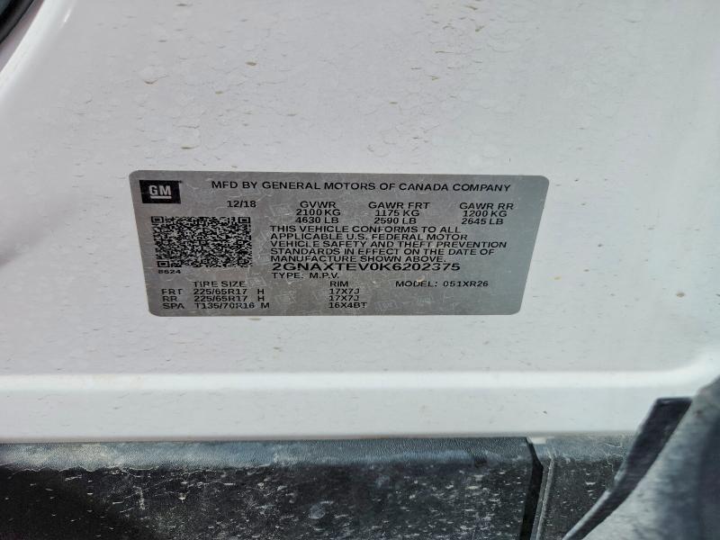 Aukcja sprzedaży 2019 Chevrolet Equinox, vin: 2GNAXTEV0K6202375, numer aukcji: 51434776