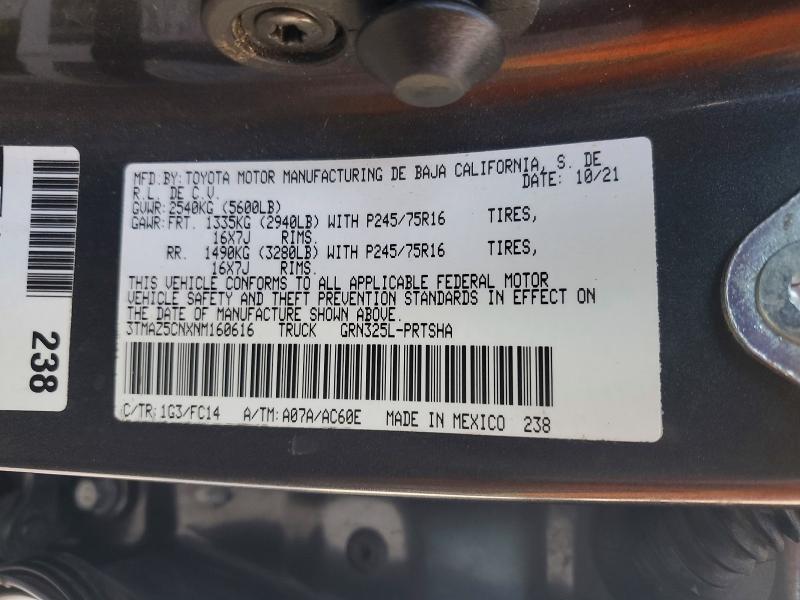 Aukcja sprzedaży 2022 Toyota Tacoma, vin: 3TMAZ5CNXNM160616, numer aukcji: 49829666