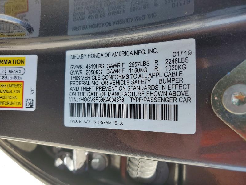 Продаж на аукціоні авто 2019 Honda Accord, vin: 1HGCV3F56KA004376, номер лоту: 50852436