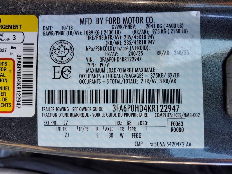49106926 :رقم المزاد ، 3FA6P0HD4KR122947 vin ، 2019 Ford Fusion مزاد بيع