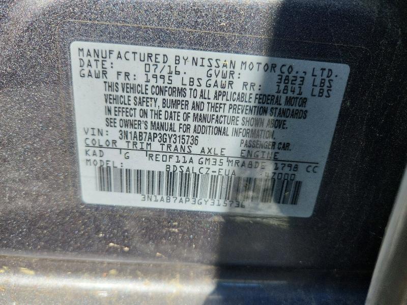 50147446 :رقم المزاد ، 3N1AB7AP3GY315736 vin ، 2016 Nissan Sentra مزاد بيع