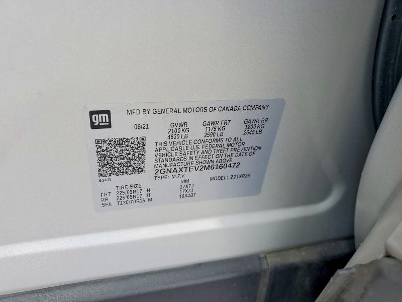 2021 Chevrolet Equinox მანქანა იყიდება აუქციონზე, vin: 2GNAXTEV2M6160472, აუქციონის ნომერი: 51710096