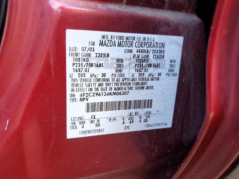 2004 Mazda Tribute მანქანა იყიდება აუქციონზე, vin: 4F2CZ96134KM06307, აუქციონის ნომერი: 49864416