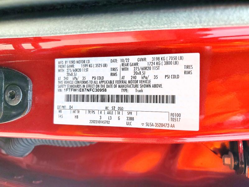 Продажа на аукционе авто 2022 Ford F150, vin: 1FTFW1E87NFC30958, номер лота: 51658416