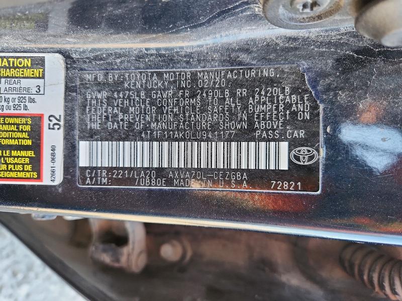 Aukcja sprzedaży 2020 Toyota Camry, vin: 4T1F11AK0LU941177, numer aukcji: 51477366