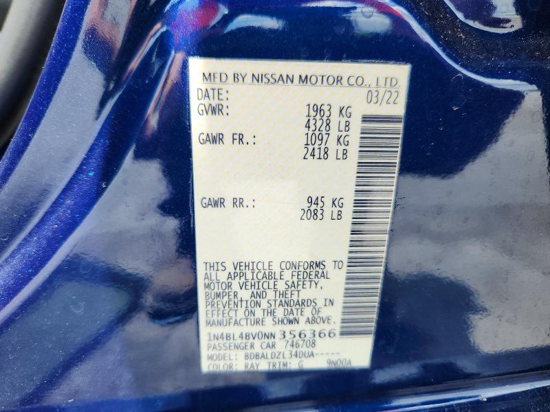 2022 Nissan Altima მანქანა იყიდება აუქციონზე, vin: 1N4BL4BV0NN356366, აუქციონის ნომერი: 51160296