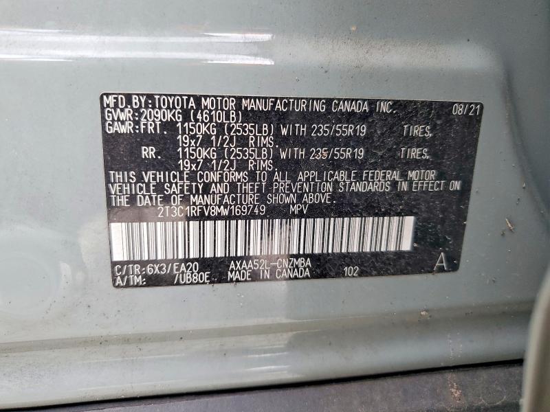 2021 Toyota Rav4 მანქანა იყიდება აუქციონზე, vin: 2T3C1RFV8MW169749, აუქციონის ნომერი: 50119706