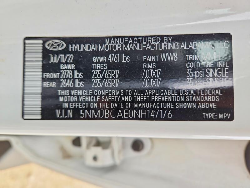 Aukcja sprzedaży 2022 Hyundai Tucson, vin: 5NMJBCAE0NH147176, numer aukcji: 52045596