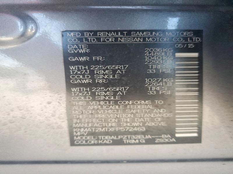 2015 Nissan Rogue მანქანა იყიდება აუქციონზე, vin: KNMAT2MTXFP572463, აუქციონის ნომერი: 50361276