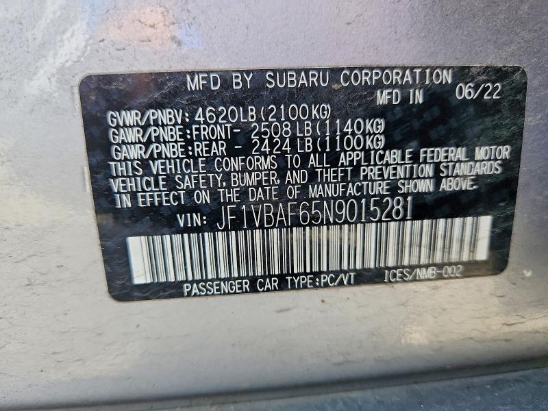 48535706 :رقم المزاد ، JF1VBAF65N9015281 vin ، 2022 Subaru Wrx مزاد بيع