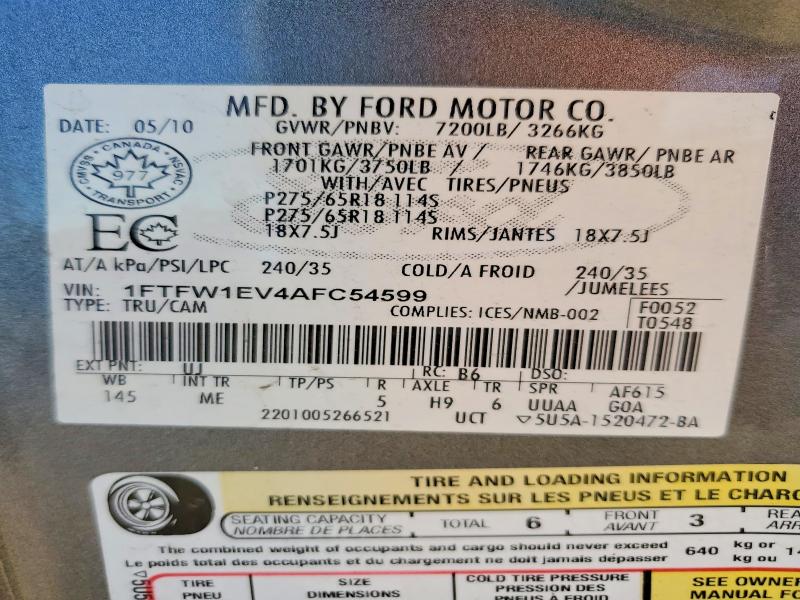 Aukcja sprzedaży 2010 Ford F150, vin: 1FTFW1EV4AFC54599, numer aukcji: 49839936