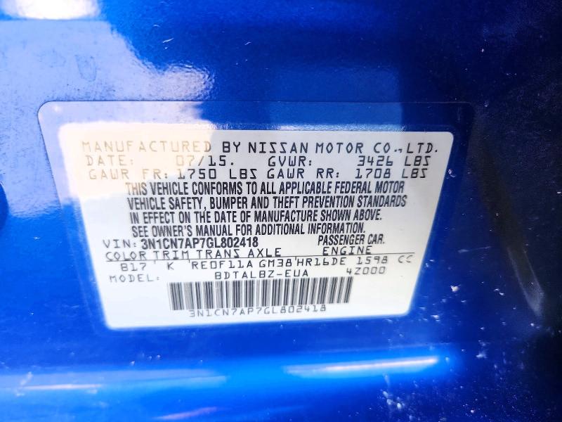 Продаж на аукціоні авто 2016 Nissan Versa, vin: 3N1CN7AP7GL802418, номер лоту: 48915756