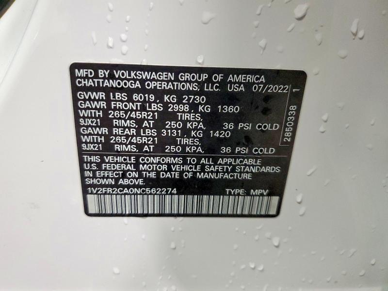 50929586 :رقم المزاد ، 1V2FR2CA0NC562274 vin ، 2022 Volkswagen Atlas مزاد بيع