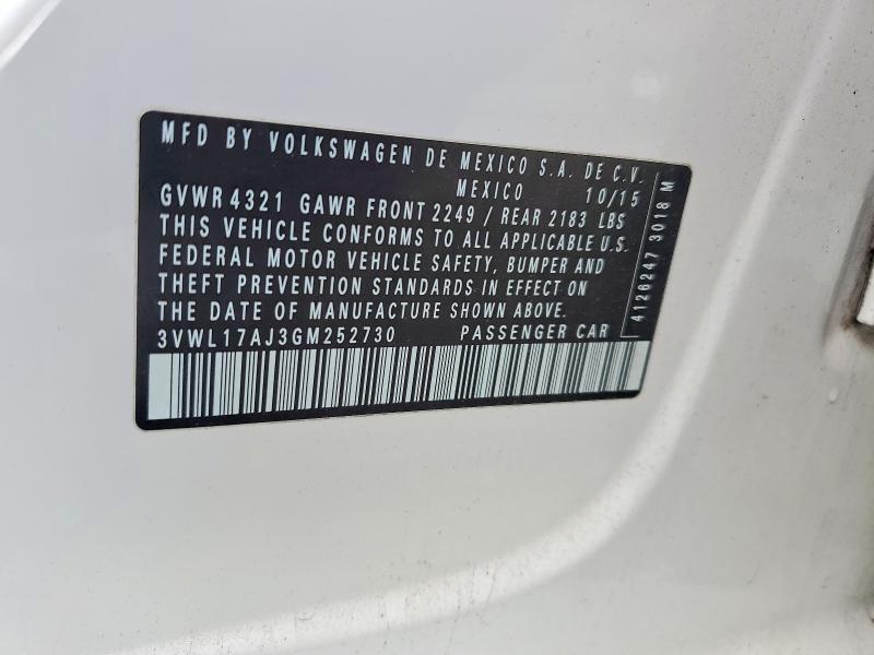 2016 Volkswagen Jetta მანქანა იყიდება აუქციონზე, vin: 3VWL17AJ3GM252730, აუქციონის ნომერი: 51864386