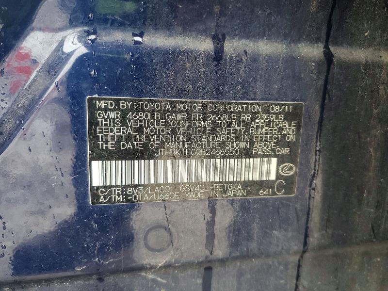 50844336 :رقم المزاد ، JTHBK1EG0B2466550 vin ، 2011 Lexus Es مزاد بيع