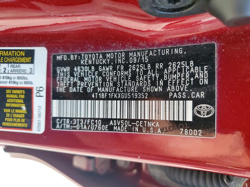 2016 Toyota Camry მანქანა იყიდება აუქციონზე, vin: 4T1BF1FKXGU519352, აუქციონის ნომერი: 52006806