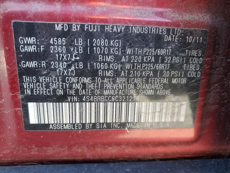 Aukcja sprzedaży 2012 Subaru Outback, vin: 4S4BRBCC6C3212187, numer aukcji: 49547946
