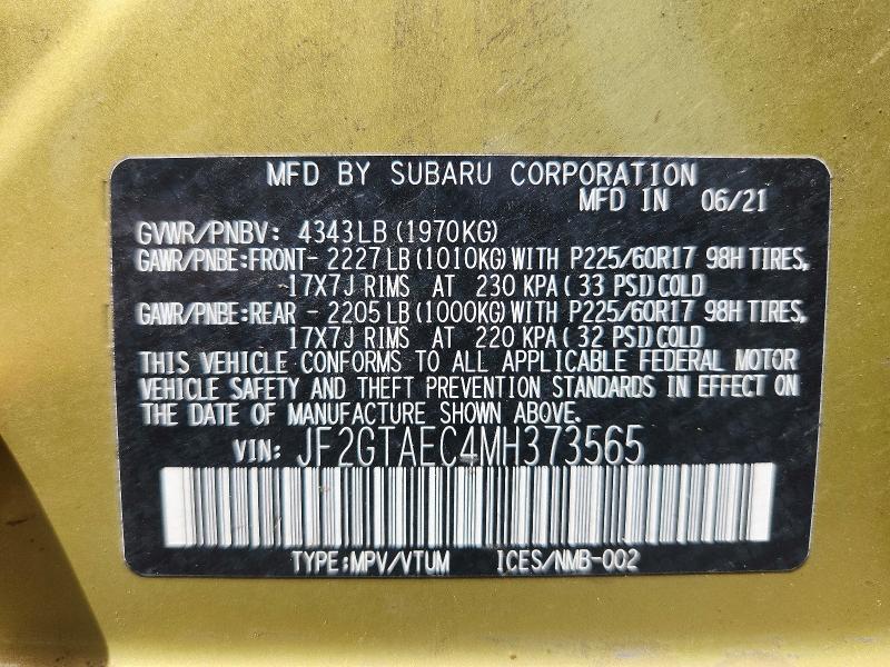 Aukcja sprzedaży 2021 Subaru Crosstrek, vin: JF2GTAEC4MH373565, numer aukcji: 50623896