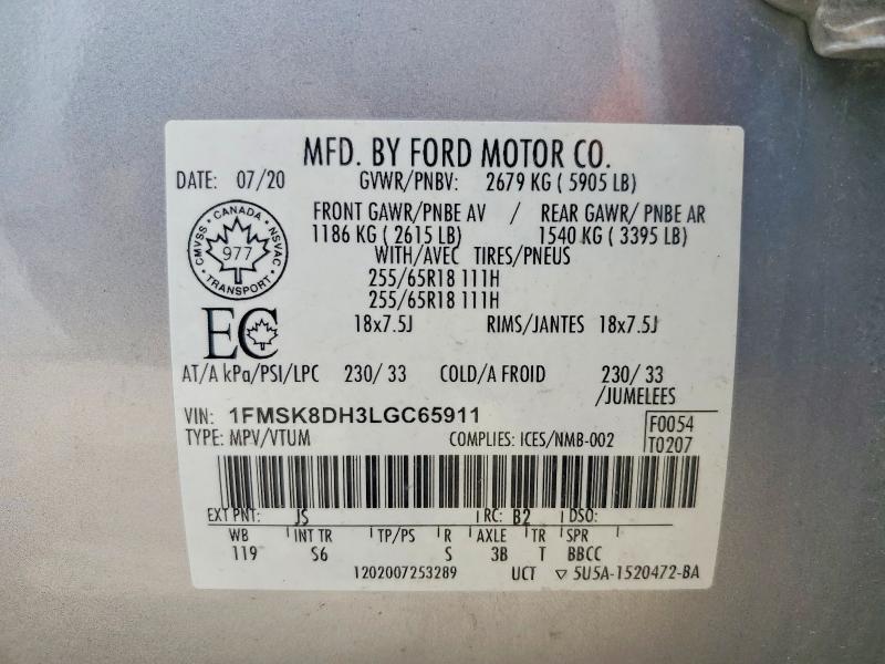 49127526 :رقم المزاد ، 1FMSK8DH3LGC65911 vin ، 2020 Ford Explorer مزاد بيع