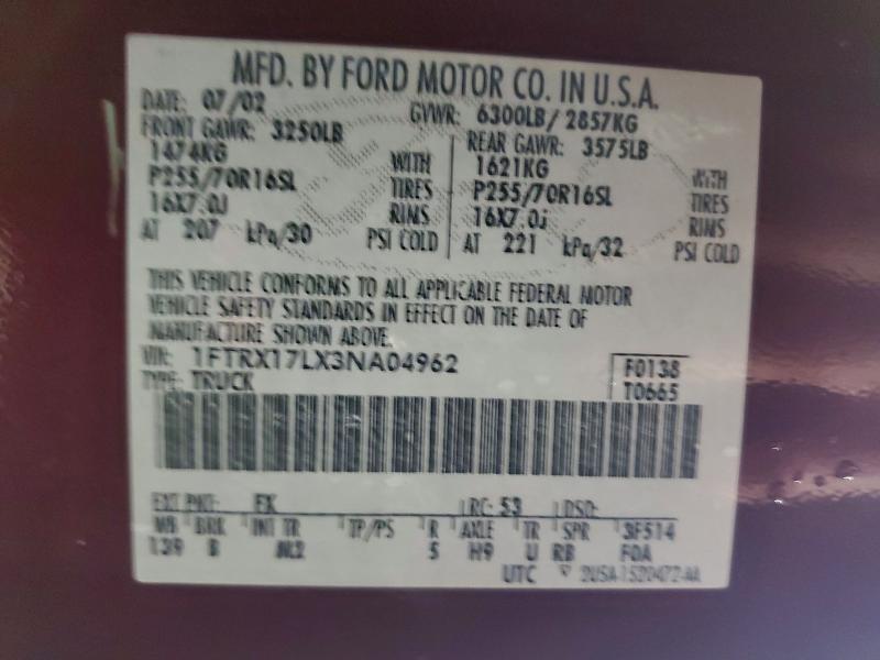 2003 Ford F150 მანქანა იყიდება აუქციონზე, vin: 1FTRX17LX3NA04962, აუქციონის ნომერი: 51010716