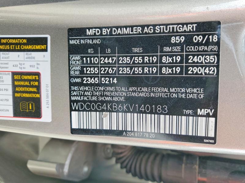 Aukcja sprzedaży 2019 Mercedes-benz Glc, vin: WDC0G4KB6KV140183, numer aukcji: 50586616