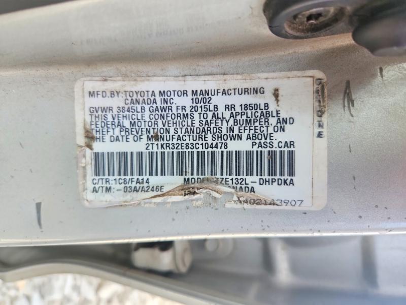 48526066 :رقم المزاد ، 2T1KR32E83C104478 vin ، 2003 Toyota Matrix مزاد بيع