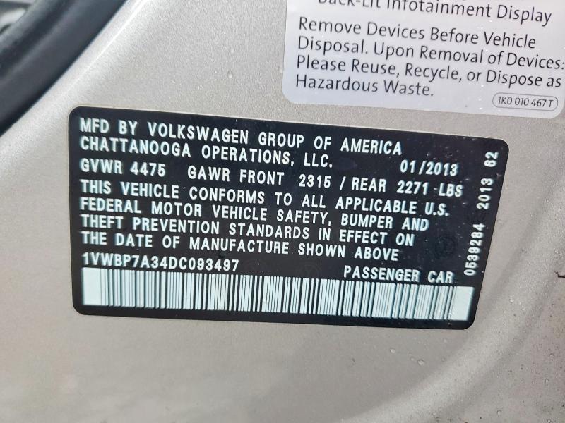 Продаж на аукціоні авто 2013 Volkswagen Passat, vin: 1VWBP7A34DC093497, номер лоту: 47816336