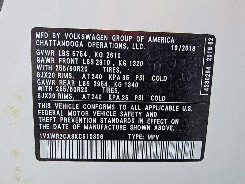49672466 :رقم المزاد ، 1V2WR2CA8KC510306 vin ، 2019 Volkswagen Atlas مزاد بيع