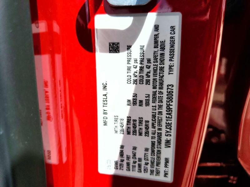 2023 Tesla Model 3 მანქანა იყიდება აუქციონზე, vin: 5YJ3E1EA9PF580673, აუქციონის ნომერი: 49568366