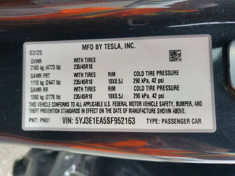 48492616 :رقم المزاد ، 5YJ3E1EA5SF952163 vin ، 2025 Tesla Model 3 مزاد بيع