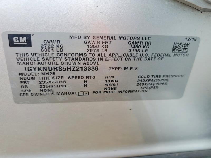 2017 Cadillac Xt5 მანქანა იყიდება აუქციონზე, vin: 1GYKNDRS5HZ213338, აუქციონის ნომერი: 50600016