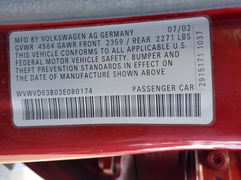 75422415 :رقم المزاد ، WVWVD63B03E080174 vin ، 2003 Volkswagen Passat مزاد بيع