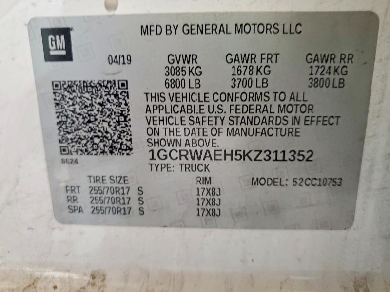 Aukcja sprzedaży 2019 Chevrolet Silverado, vin: 1GCRWAEH5KZ311352, numer aukcji: 51874696