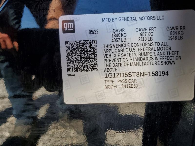 50627386 :رقم المزاد ، 1G1ZD5ST8NF158194 vin ، 2022 Chevrolet Malibu مزاد بيع