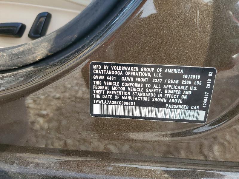 2019 Volkswagen Passat მანქანა იყიდება აუქციონზე, vin: 1VWLA7A35KC006631, აუქციონის ნომერი: 49861306