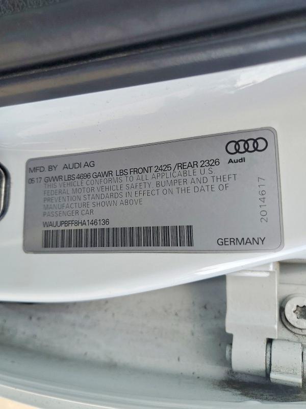 50994726 :رقم المزاد ، WAUUPBFF8HA146136 vin ، 2017 Audi A3 مزاد بيع