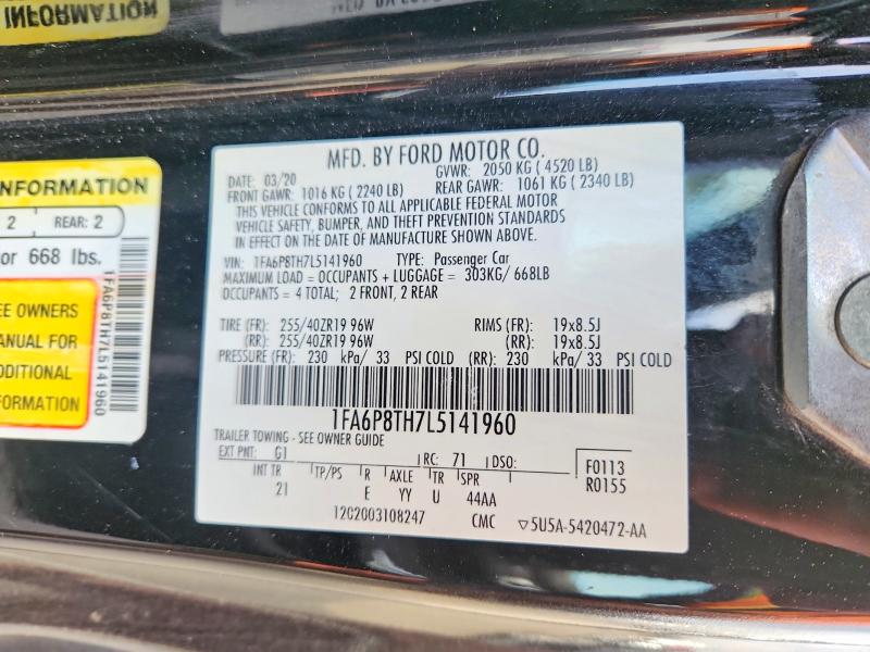 Продажа на аукционе авто 2020 Ford Mustang, vin: 1FA6P8TH7L5141960, номер лота: 50992096
