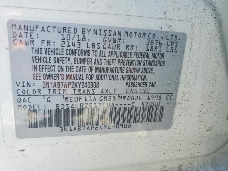 2019 Nissan Sentra მანქანა იყიდება აუქციონზე, vin: 3N1AB7AP2KY240908, აუქციონის ნომერი: 50140826