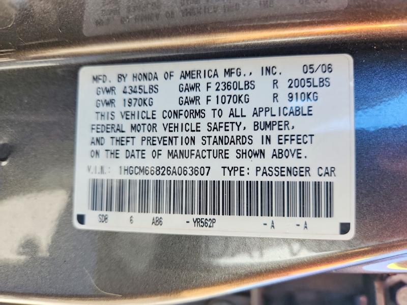2006 Honda Accord მანქანა იყიდება აუქციონზე, vin: 1HGCM66826A063607, აუქციონის ნომერი: 48853936