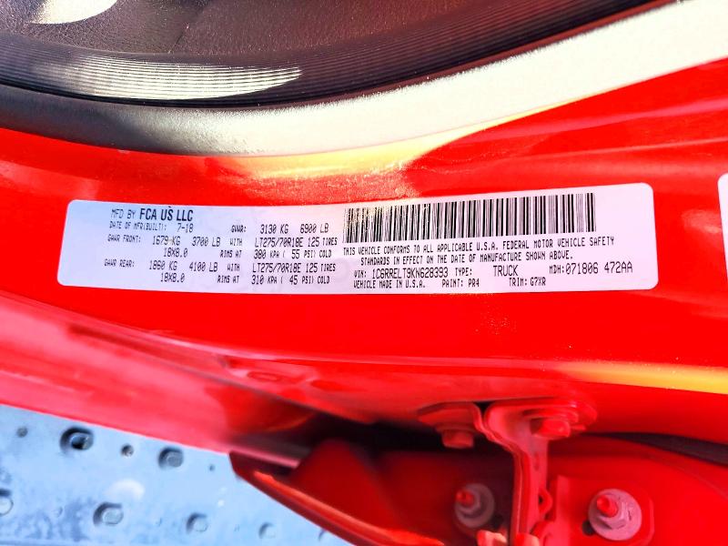 2019 Ram 1500 მანქანა იყიდება აუქციონზე, vin: 1C6RRELT9KN628393, აუქციონის ნომერი: 51016986