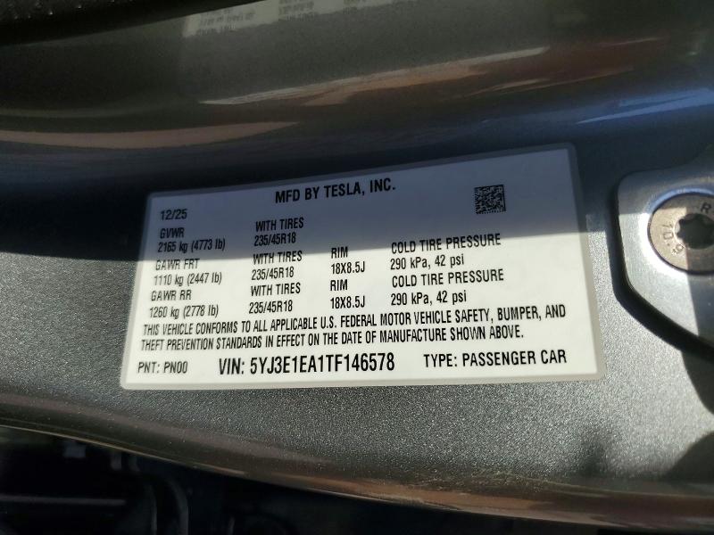Продажа на аукционе авто 2026 Tesla Model 3, vin: 5YJ3E1EA1TF146578, номер лота: 49624726