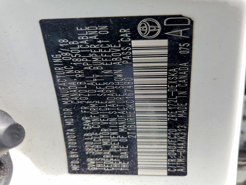 49107486 :رقم المزاد ، 2T1BURHE3KC167480 vin ، 2019 Toyota Corolla مزاد بيع