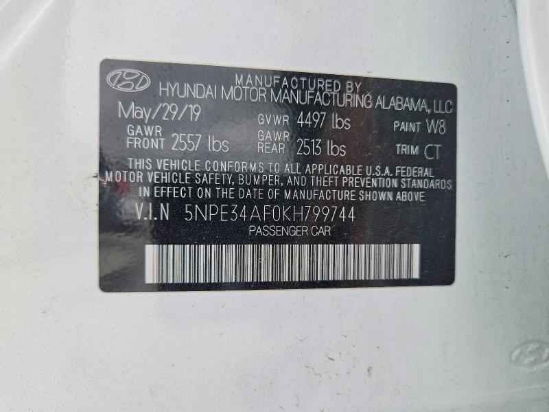 2019 Hyundai Sonata მანქანა იყიდება აუქციონზე, vin: 5NPE34AF0KH799744, აუქციონის ნომერი: 50058126