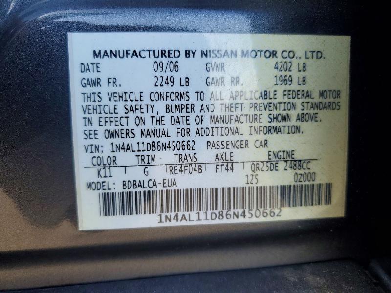 Aukcja sprzedaży 2006 Nissan Altima, vin: 1N4AL11D86N450662, numer aukcji: 51321036