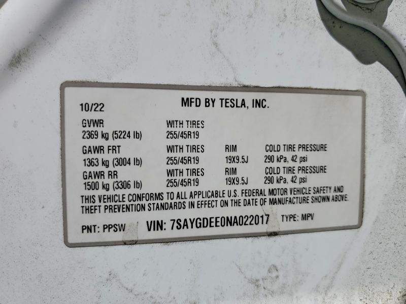 Aukcja sprzedaży 2022 Tesla Model Y, vin: 7SAYGDEE0NA022017, numer aukcji: 79964885