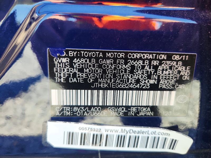 Продаж на аукціоні авто 2011 Lexus Es, vin: JTHBK1EG6B2464723, номер лоту: 49407486