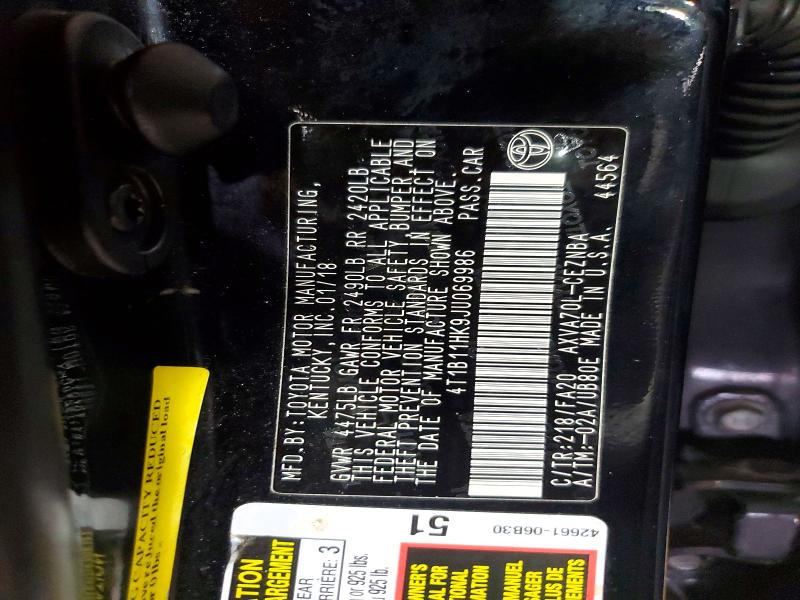 Aukcja sprzedaży 2018 Toyota Camry, vin: 4T1B11HK9JU069986, numer aukcji: 51294306