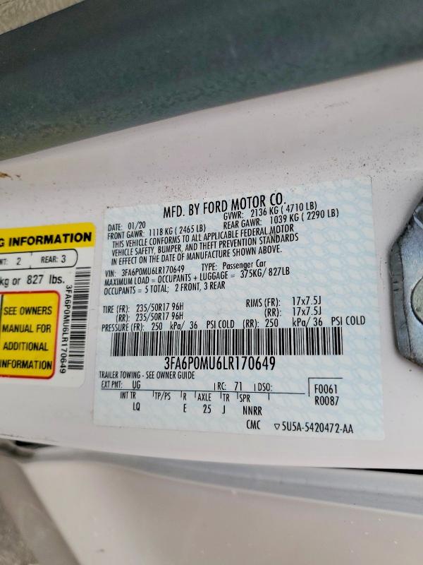 Продажа на аукционе авто 2020 Ford Fusion, vin: 3FA6P0MU6LR170649, номер лота: 50531006