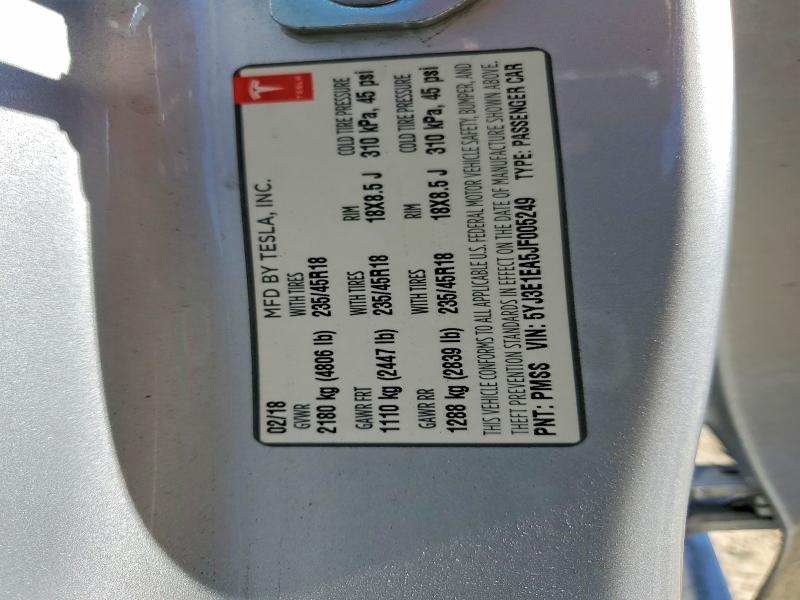49284596 :رقم المزاد ، 5YJ3E1EA5JF005249 vin ، 2018 Tesla Model 3 مزاد بيع